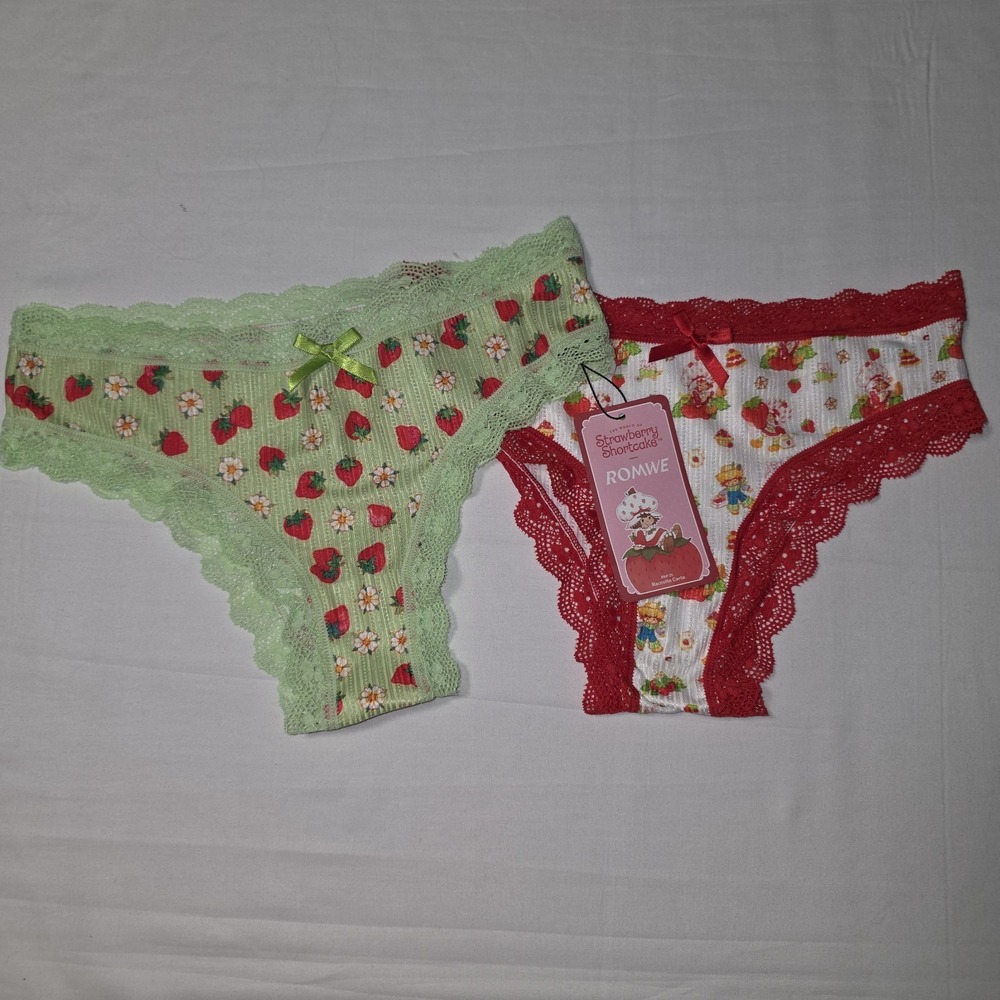 ROMWE Strawberry Shortcake 2 Pair Kawaii Lace Trim Fabric Cute Cheeky Panties S